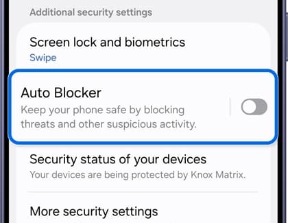 Oficiálna snímka Samsung: položka Auto Blocker v nastaveniach zabezpečenia.