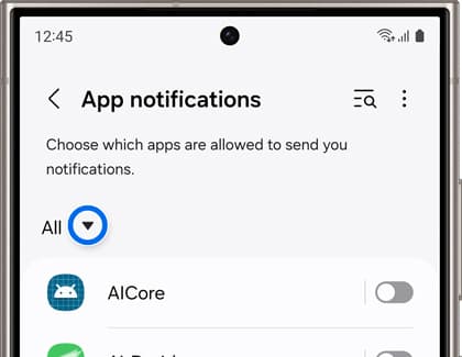 Oficiálna snímka Samsung: zoznam App notifications s prepínačmi pre jednotlivé aplikácie.